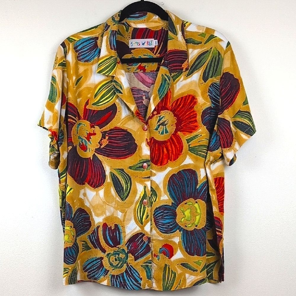 Jams World Women's Tropical Floral Shirt Sleeve Button Front Blouse Top Size XXL